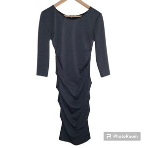 NICOLE MILLER Fitted Body Con Long Sleeve Ruched Pleated Back Sheath Dress